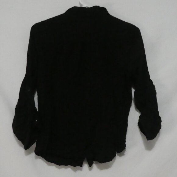 MAJORA | large | Black Button-Up Shirt | Scrunched Roll Tab Sleeves | Pockets - Picture 2 of 16